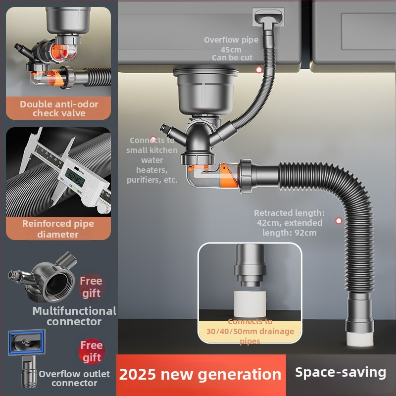 Dvojslotový odtok drezu, proti zápachu, z 304 nehrdzavejúcej ocele, model: Anti-odor artifact double-slot drain, hmotnosť cca 800 g
