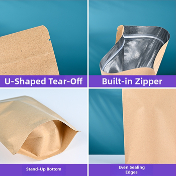 Vrecúško z hliníkovo potiahnutého kraftového papiera, samostojace so ZIP uzáverom a vákuovým uzáverom, potravinové balenie všeobecné (čaj, sušené mäso)