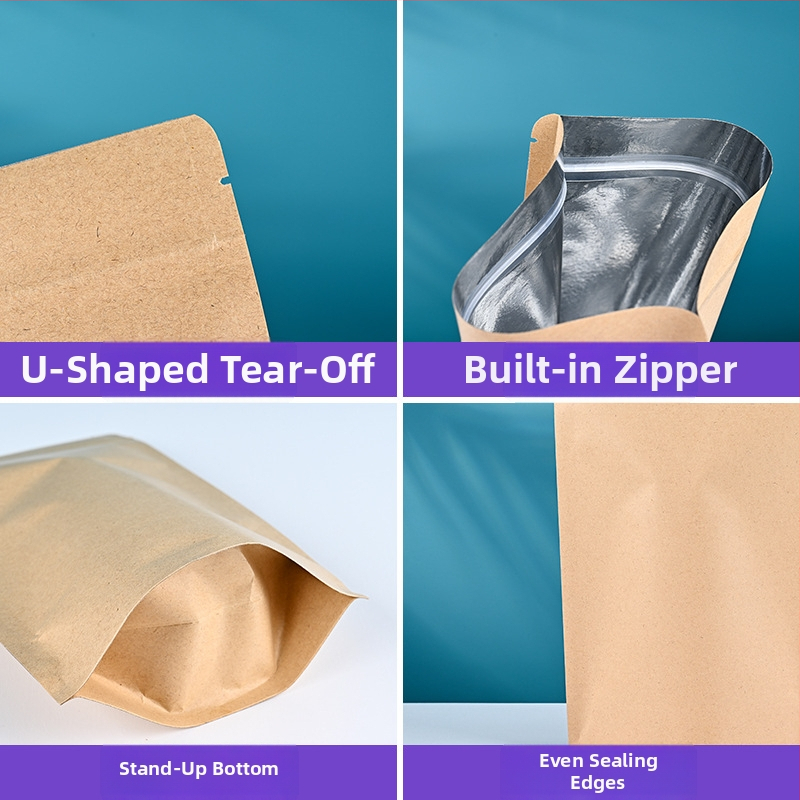 Vrecúško z hliníkovo potiahnutého kraftového papiera, samostojace so ZIP uzáverom a vákuovým uzáverom, potravinové balenie všeobecné (čaj, sušené mäso)