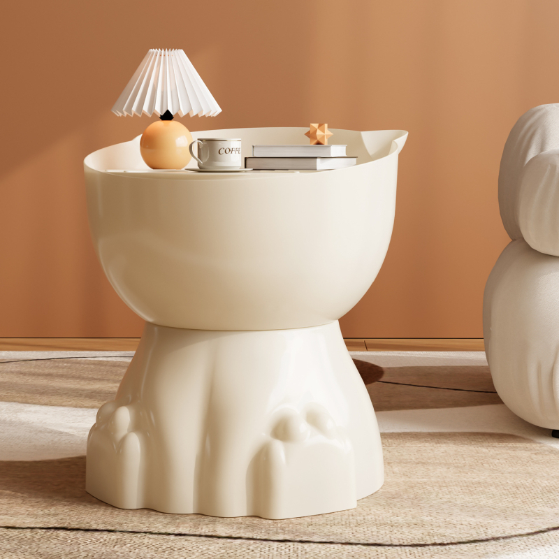 Katės letenos formos naktinis staliukas, plastmasinis viršus, apvalūs kampai, saugyklos skyriai, visiškai surinktas