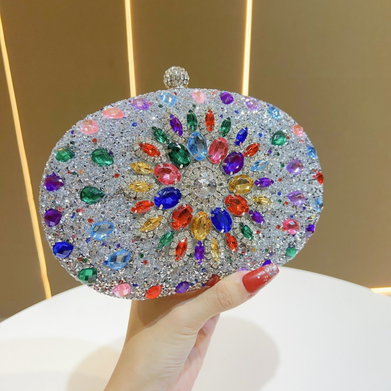 Rhinestone napraforgó bankett táska, luxus és elegáns, kompakt crossbody kézitáska gyémánt-díszítéssel, poliészter anyag, cylindrikus forma, háromdimenziós kialakítás, záró, belső zsebek telefonhoz és azonosítóhoz