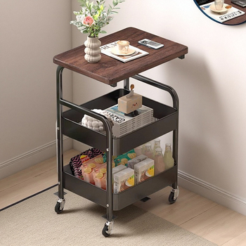 Странична масичка с 3 чекмеджета, рамка от въглеродна стомана, кантована повърхност, със ролки