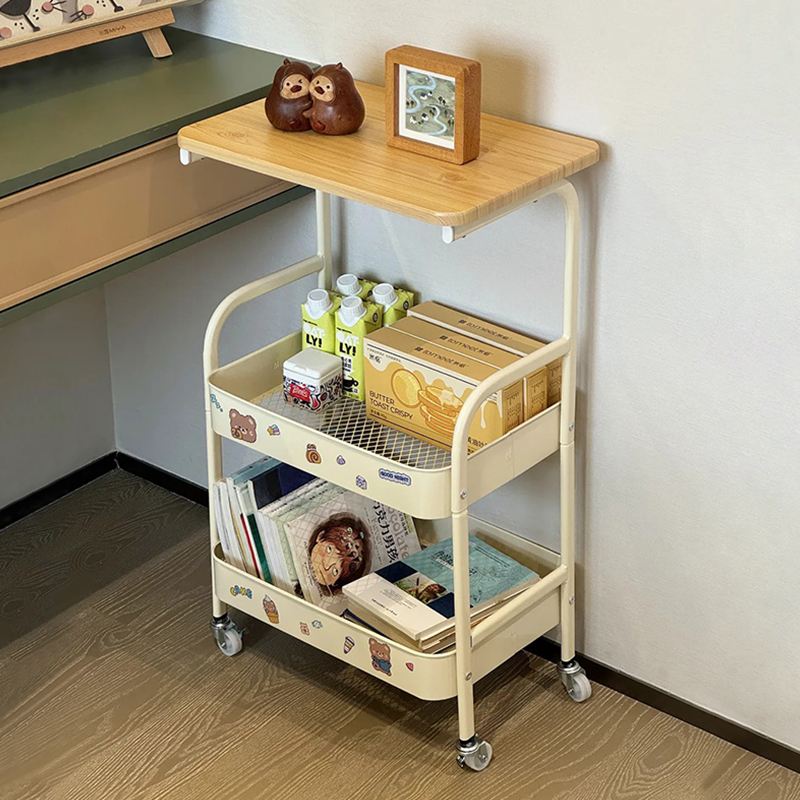 Странична масичка с 3 чекмеджета, рамка от въглеродна стомана, кантована повърхност, със ролки