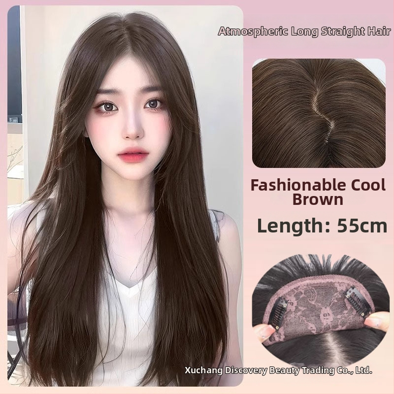 Moteriška peruka su ilgaisiais tiesiais plaukais, plaukų papildinys viršugalvyje tūriui, be tinklo, mechaniniu pynimu, atsparūs aukštai temperatūrai tiesūs plaukai, Discover Beauty