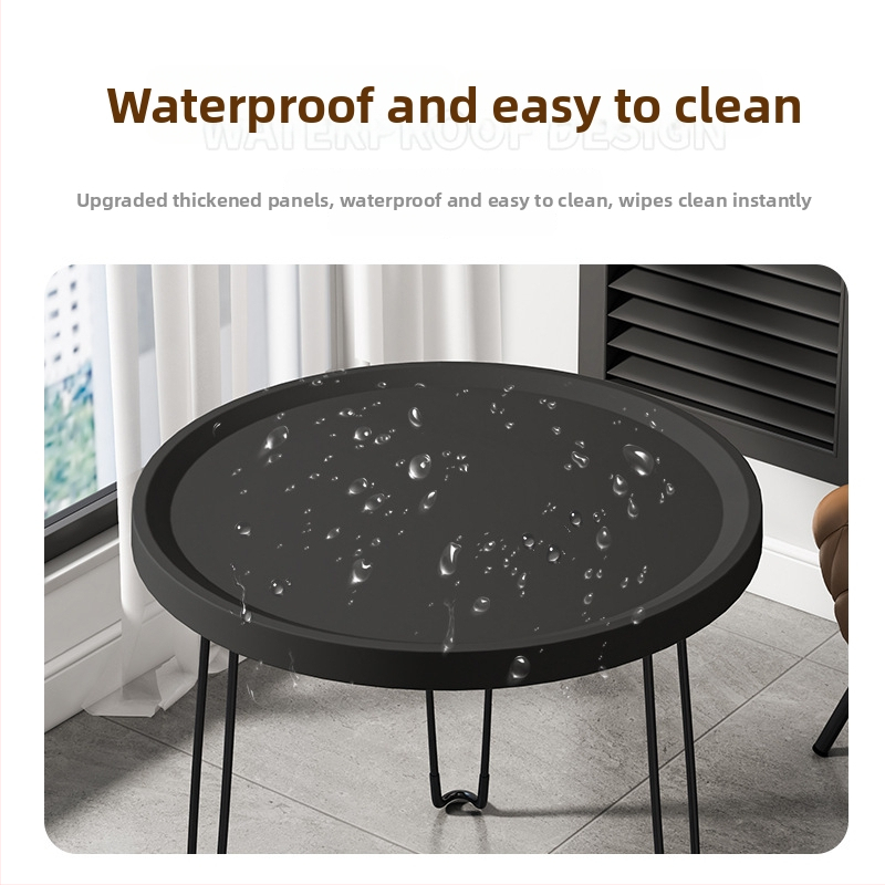 Salokāms apaļš plastmasas sānu galdiņš ar nerūsējošā tērauda rāmi, pielāgojams.