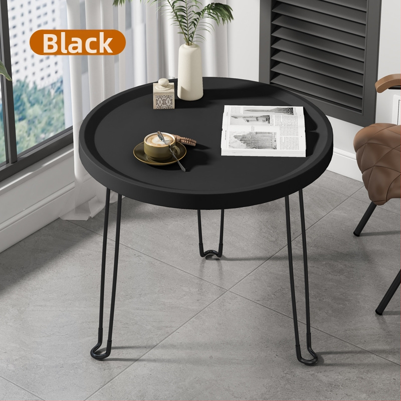 Sulankstomas apvalus plastikinis šoninis staliukas su nerūdijančio plieno rėmu, pritaikomas.