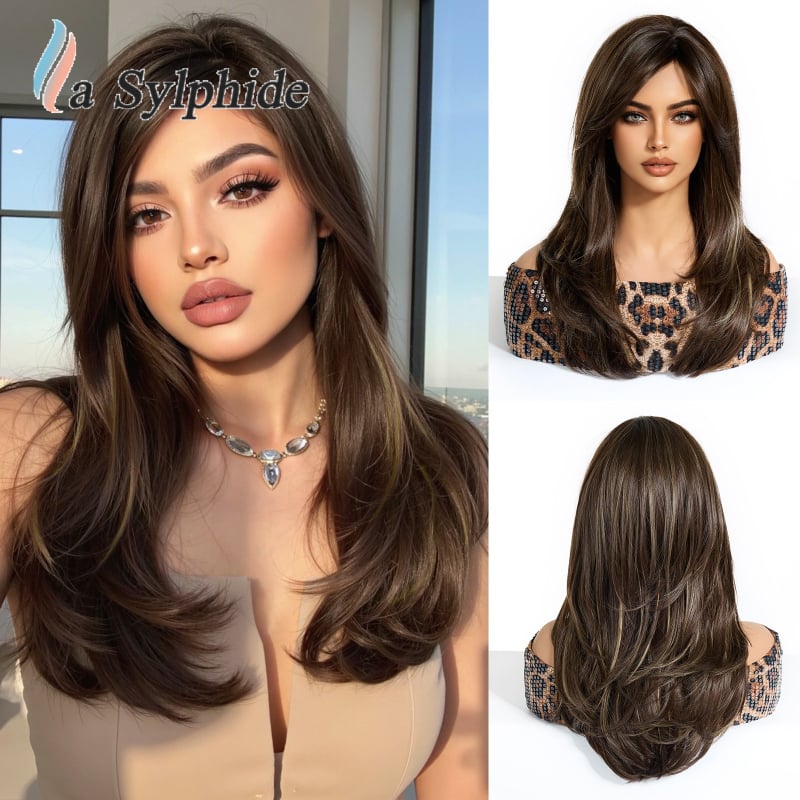 Parochňa s dlhými rovnými vlasmi a bočným rozdelením, matný vzhľad, tepelne odolné vlákna, model LC107-1, vhodná na farbenie a kulmovanie