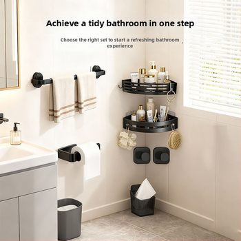 Vonios saugyklos rinkinys iš plastiko, modernus minimalistinis stilius, paviršiaus apdirbimas injekciniu liejimu, 4 dalių komplektas arba didesnis, įtraukti rankšluosčių laikiklis, kabliukai ir tripodinė lentyna