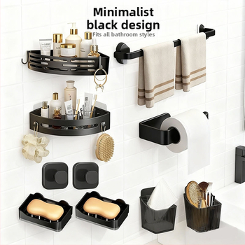 Vonios saugyklos rinkinys iš plastiko, modernus minimalistinis stilius, paviršiaus apdirbimas injekciniu liejimu, 4 dalių komplektas arba didesnis, įtraukti rankšluosčių laikiklis, kabliukai ir tripodinė lentyna