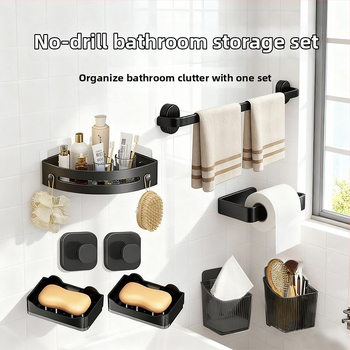 Vonios saugyklos rinkinys iš plastiko, modernus minimalistinis stilius, paviršiaus apdirbimas injekciniu liejimu, 4 dalių komplektas arba didesnis, įtraukti rankšluosčių laikiklis, kabliukai ir tripodinė lentyna