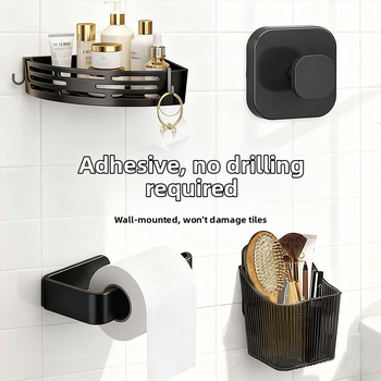 Vonios saugyklos rinkinys iš plastiko, modernus minimalistinis stilius, paviršiaus apdirbimas injekciniu liejimu, 4 dalių komplektas arba didesnis, įtraukti rankšluosčių laikiklis, kabliukai ir tripodinė lentyna