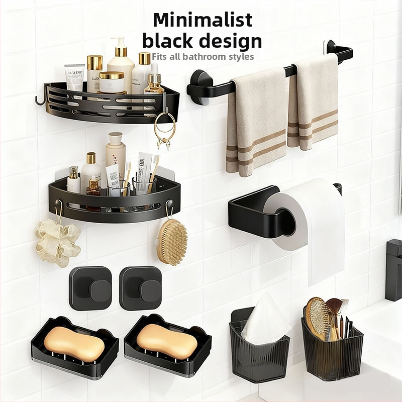 Vannas istabas uzglabāšanas komplekts no plastmasas, mūsdienīgs minimālisma stils, virsmas apstrāde ar injekciju veidolu, 4 gab./komplekts vai lielāks, iekļauts dvieļu turētājs, pakaramais un tripod plaukts