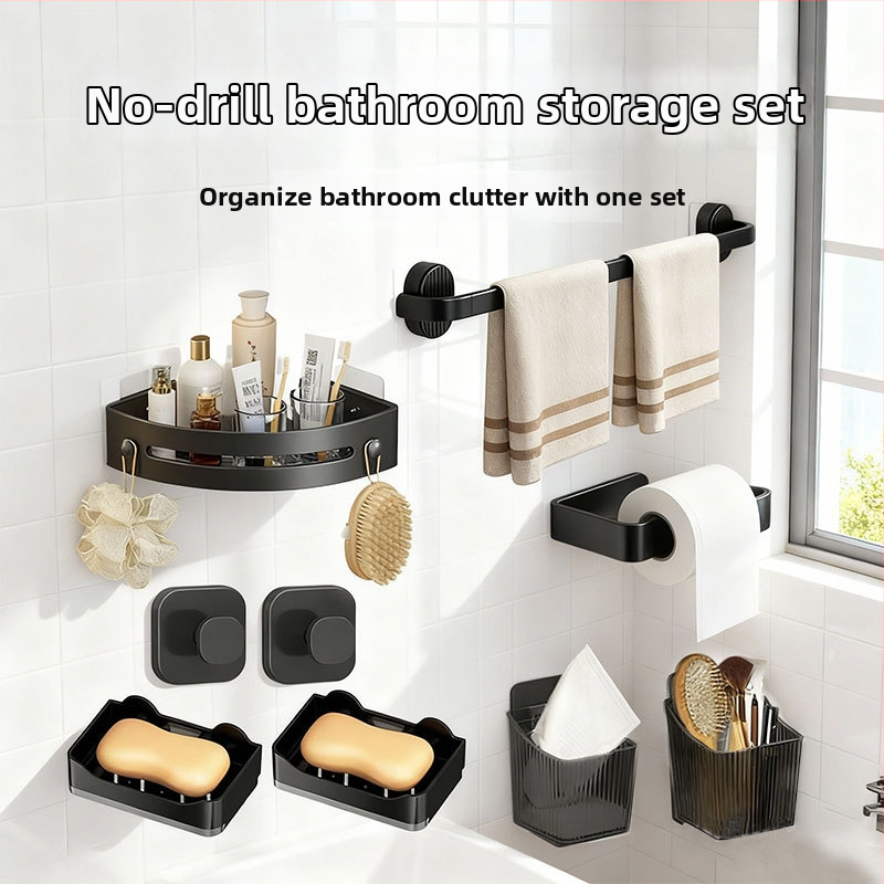 Vannas istabas uzglabāšanas komplekts no plastmasas, mūsdienīgs minimālisma stils, virsmas apstrāde ar injekciju veidolu, 4 gab./komplekts vai lielāks, iekļauts dvieļu turētājs, pakaramais un tripod plaukts