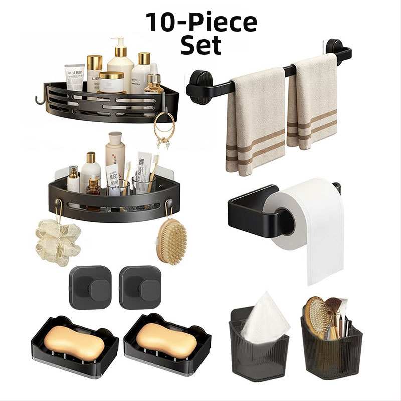 Vonios saugyklos rinkinys iš plastiko, modernus minimalistinis stilius, paviršiaus apdirbimas injekciniu liejimu, 4 dalių komplektas arba didesnis, įtraukti rankšluosčių laikiklis, kabliukai ir tripodinė lentyna