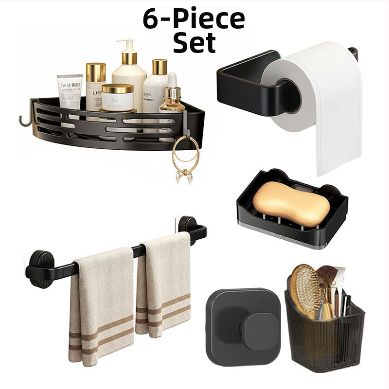 Vonios saugyklos rinkinys iš plastiko, modernus minimalistinis stilius, paviršiaus apdirbimas injekciniu liejimu, 4 dalių komplektas arba didesnis, įtraukti rankšluosčių laikiklis, kabliukai ir tripodinė lentyna