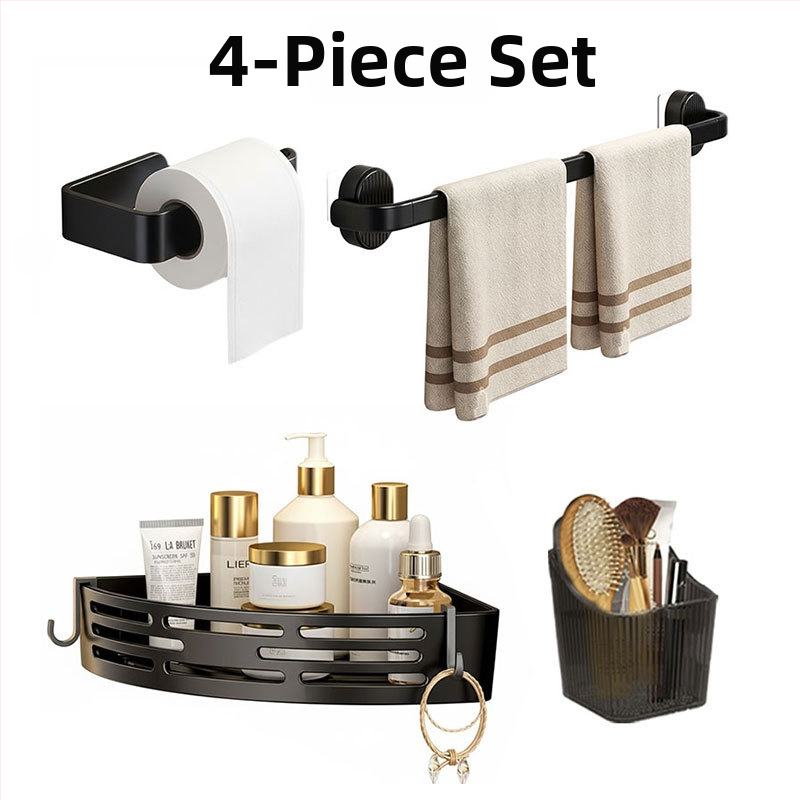 Vonios saugyklos rinkinys iš plastiko, modernus minimalistinis stilius, paviršiaus apdirbimas injekciniu liejimu, 4 dalių komplektas arba didesnis, įtraukti rankšluosčių laikiklis, kabliukai ir tripodinė lentyna