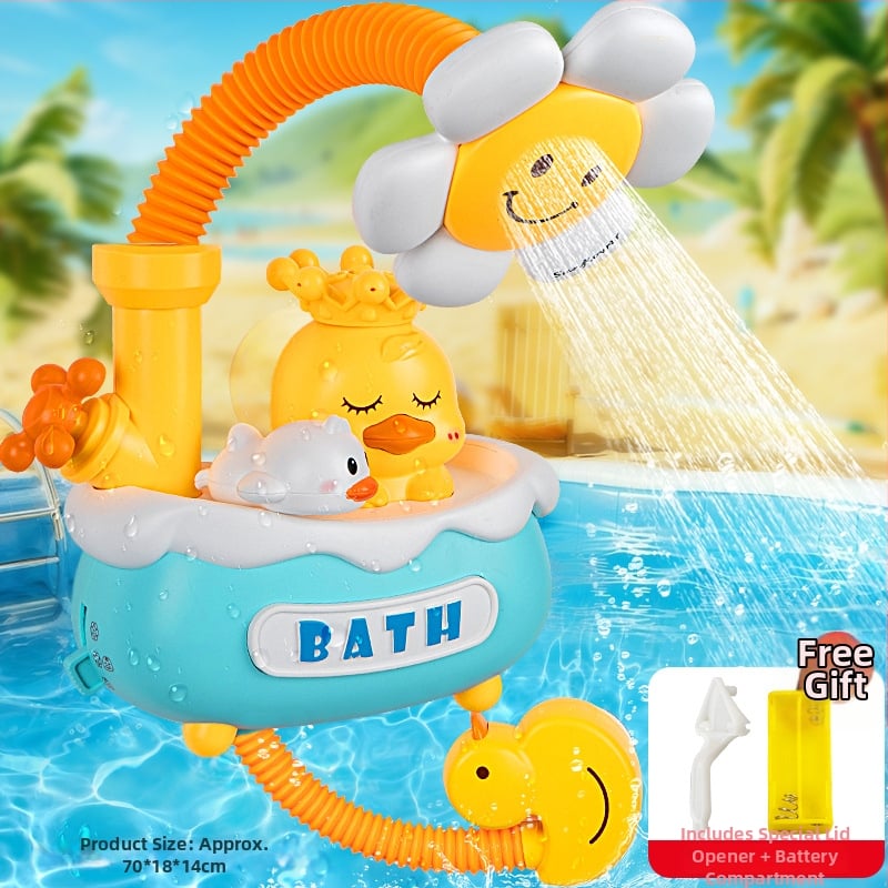 Plastmasinis vonios žaislas formos antis su elektriniu vandens purškimu ir automatišku vandens sugėrimu; interaktyvus vonios žaislas
