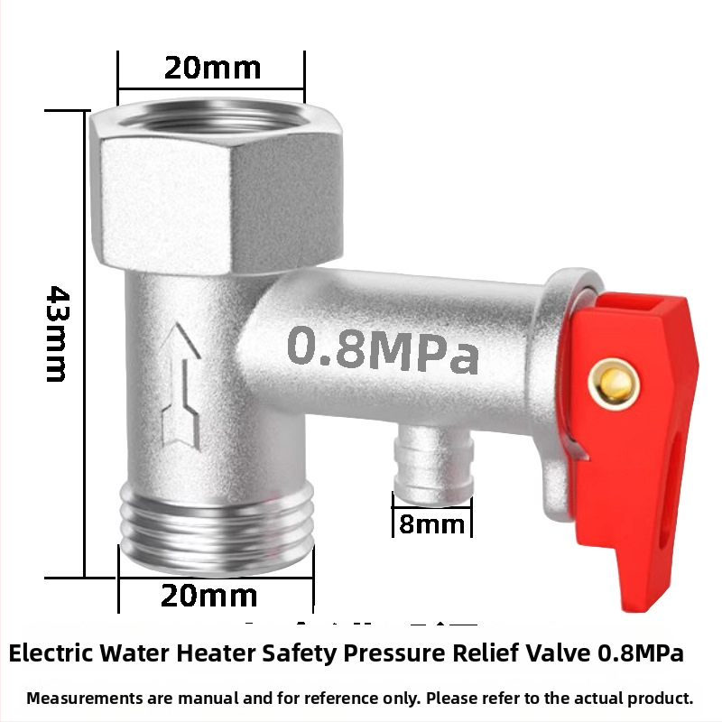 Elektrilise veeboileri turvaventiil, keermed DN15, 20 mm läbivool, 20 L/min vool, töörõhk 0,8 MPa, kuum vesi kuni 90°C.