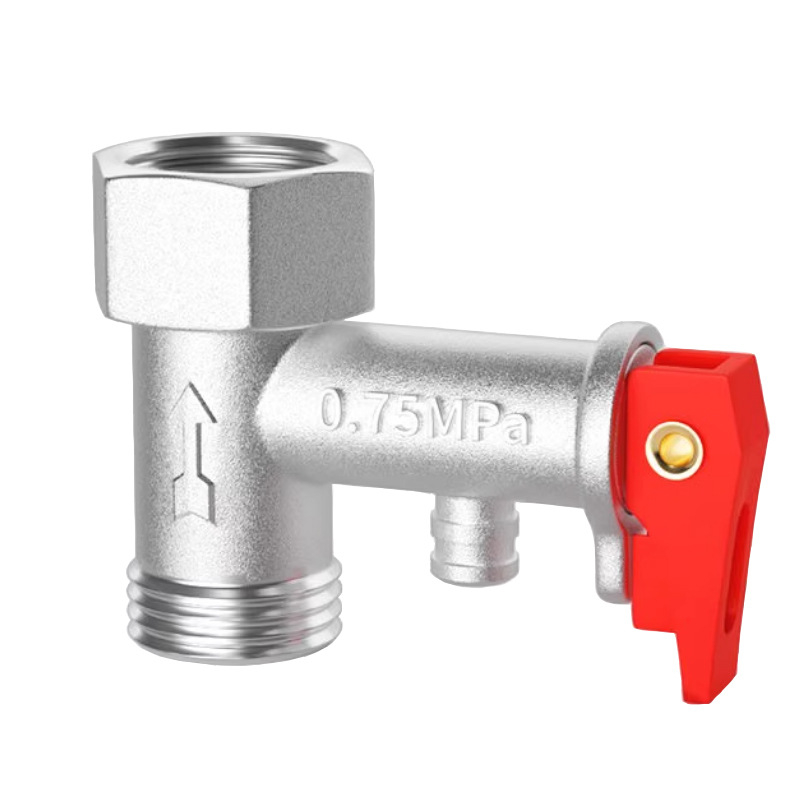 Βαλβίδα ασφαλείας εκφόρτισης πίεσης για ηλεκτρικό θερμοσίφωνα, με σύνδεση DN15, 20 mm διέλευση, ροή 20 L/min, λειτουργική πίεση 0,8 MPa, ζεστό νερό έως 90°C.