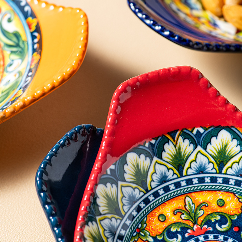 Keramická miska na korenie s držiakom, bohémsky štýl, guľatý tvar, mikrovlnná rúra vhodná, farba pod glazúrou