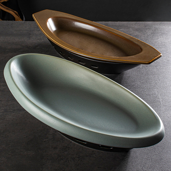Shengjing márkájú ovális porcelán halas tál gyertyás melegítés és hőmegtartás funkcióval – hotel- és éttermi kerámia edények