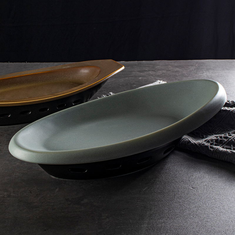 Shengjing márkájú ovális porcelán halas tál gyertyás melegítés és hőmegtartás funkcióval – hotel- és éttermi kerámia edények