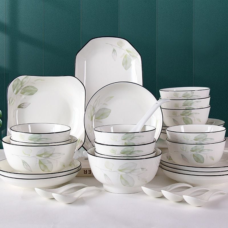 Комплект от 10 порцеланови чинии за сервиране, флорална шарка, кръгла форма, Нов китайски стил, надглазурно покритие