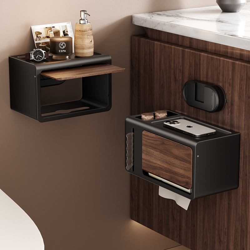 Seinasse paigaldatav WC-paberi karp koos kaanega, pähkli puu tekstuuriga, veekindel, materjal: süsinikteras+ABS