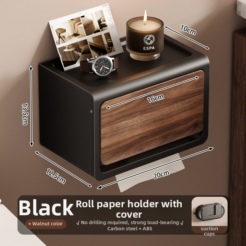 Seinasse paigaldatav WC-paberi karp koos kaanega, pähkli puu tekstuuriga, veekindel, materjal: süsinikteras+ABS