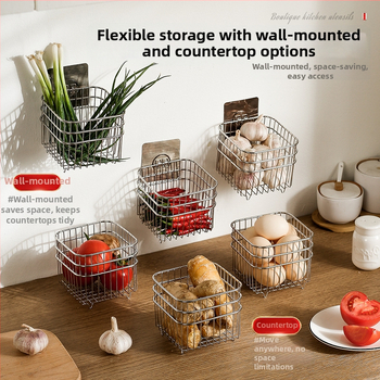 Seinasse paigaldatav köögikorv, 304 roostevabast terasest, küüslaugu ja sibula hoidmiseks, köögiviljade hoidmiseks, kaasaegne minimalistlik stiil