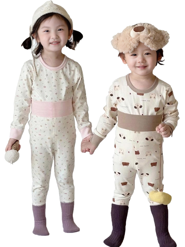 Gyermekek meleg pamut alsónemű készlet őszi-téli időszakra, két rész (felső és alsó), rugalmas anyag, magas derék a has védelméért, kényelmes hálóruha