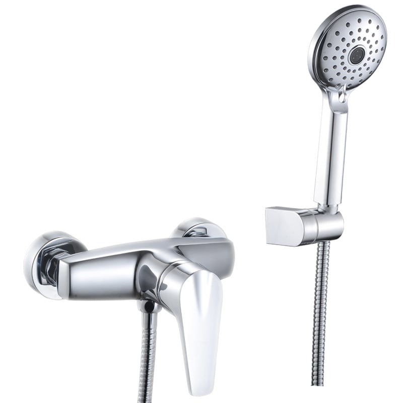 Vario dušo komplektas su karšto/šalto vandens maišytuvu, modernus minimalistinis dizainas; funkcijos: purškimas, masažas, burbuliai, lietus; spiralinis montavimas; korpusas yra varinis; žarnos jungtis – varis