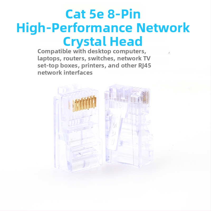 RJ45 kristāla galvas savienotājs, 8P8C, modelis Super Five 100, zīmols Minjing, iepakojumā 100 gab., tīkla kabelēšanai