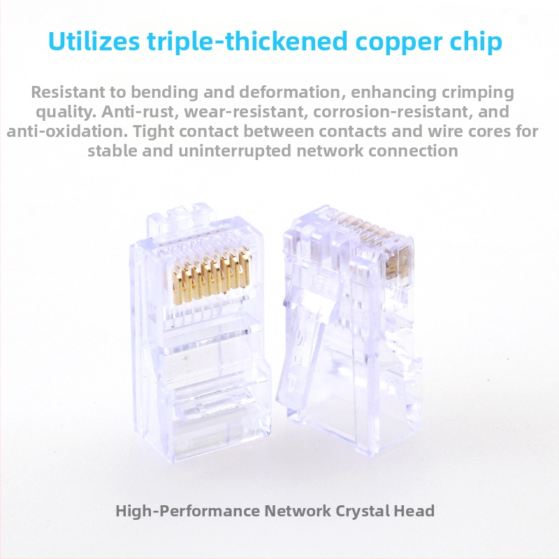 RJ45 kristāla galvas savienotājs, 8P8C, modelis Super Five 100, zīmols Minjing, iepakojumā 100 gab., tīkla kabelēšanai