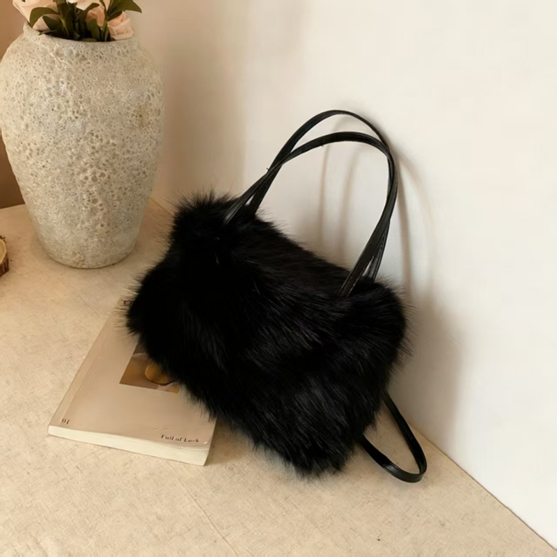 Női városi egyszerű stílusú táska, plüss anyagból, vízszintes négyszögletes forma, mágneszár, belső cipzáros zseb