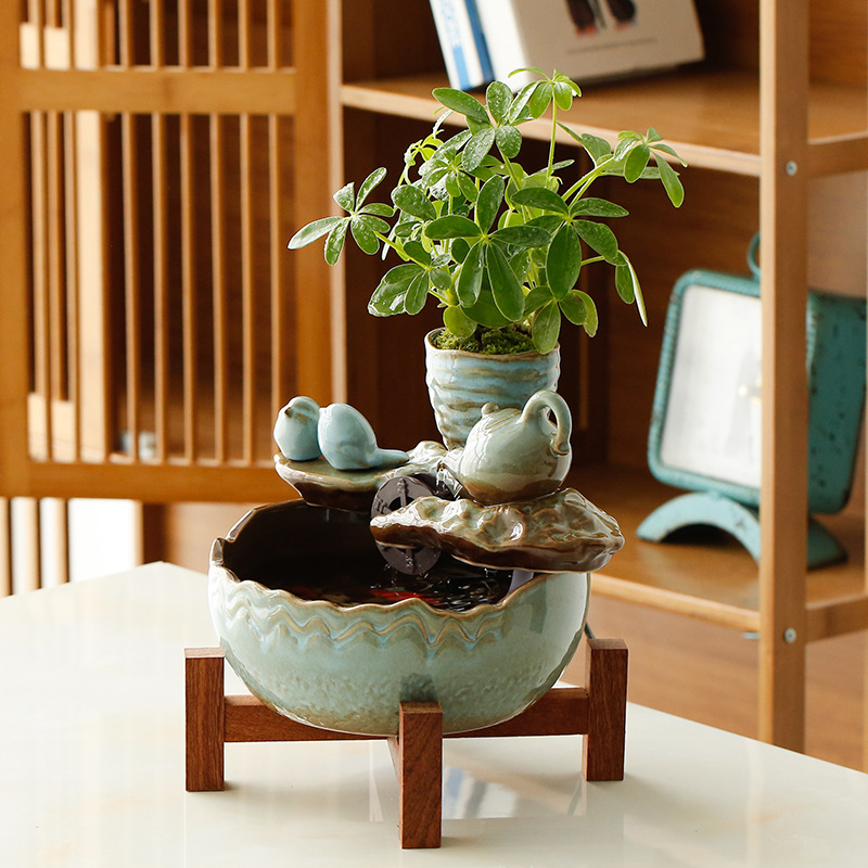 Keramikinis stalinis vandens dekoras, naujojo kinų stiliaus, rankų dažytas, glazūruotas paviršius, su vandens cirkuliacija (keramika; rankų dažymas; glazūruotas paviršius; naujojo kinų stilius; vandens cirkuliacija)