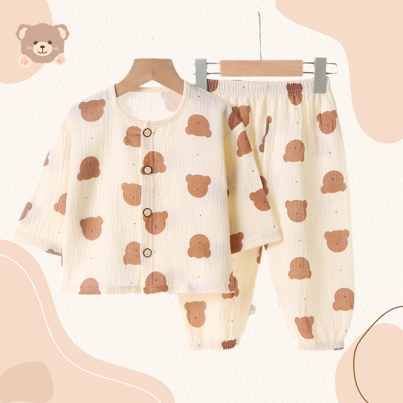 Gyerekeknek vékony, dupla réteg pamut géz pizsama, uniszex, hosszú ujjú felső és lantern-stílusú nadrág, nedvességelvezető, 3–8 éveseknek