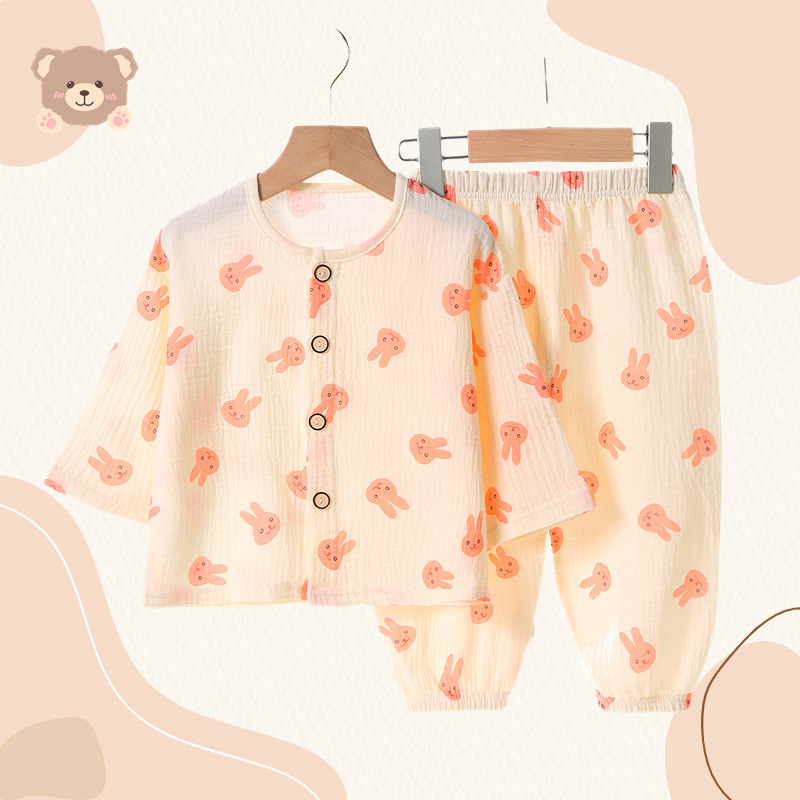 Gyerekeknek vékony, dupla réteg pamut géz pizsama, uniszex, hosszú ujjú felső és lantern-stílusú nadrág, nedvességelvezető, 3–8 éveseknek