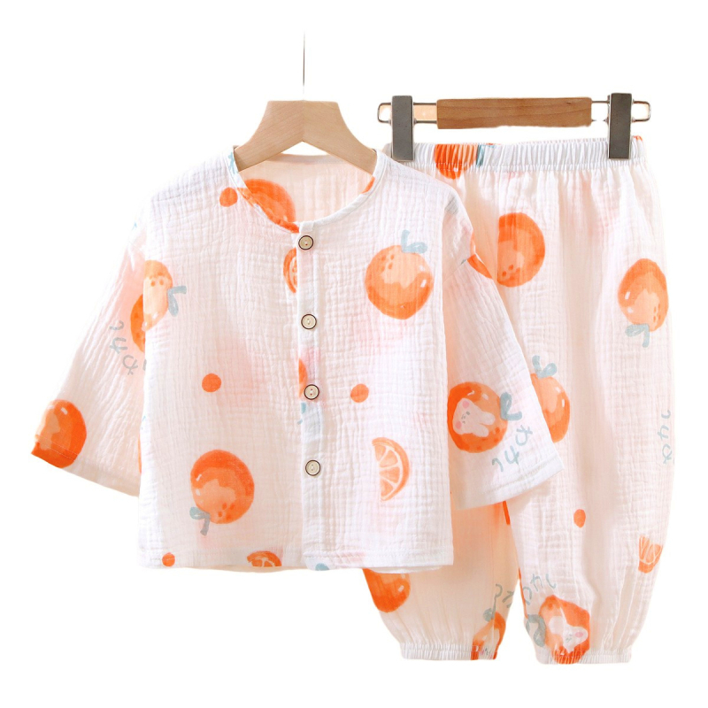 Gyerekeknek vékony, dupla réteg pamut géz pizsama, uniszex, hosszú ujjú felső és lantern-stílusú nadrág, nedvességelvezető, 3–8 éveseknek