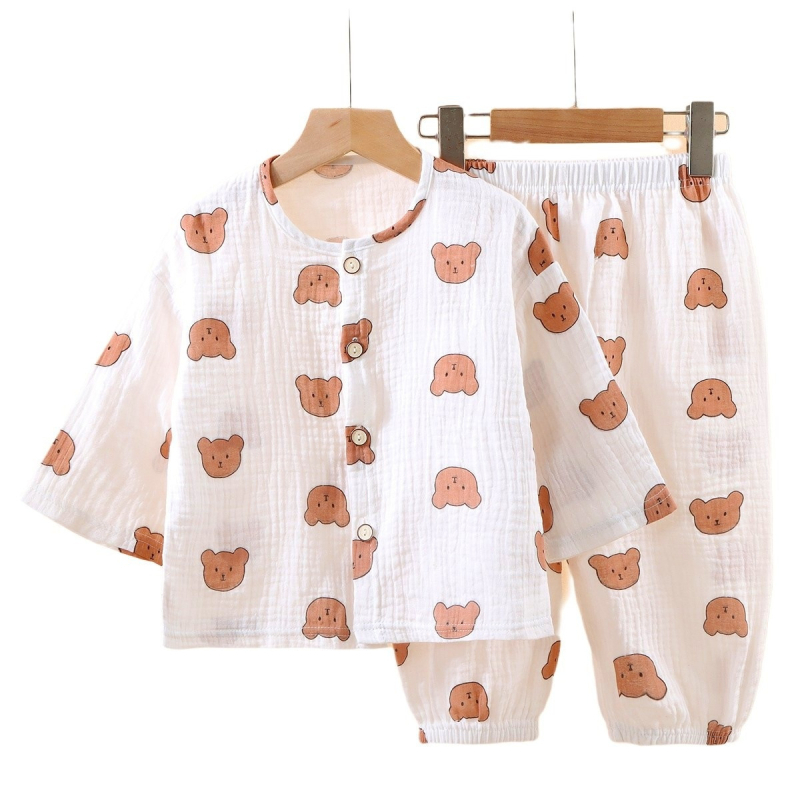 Gyerekeknek vékony, dupla réteg pamut géz pizsama, uniszex, hosszú ujjú felső és lantern-stílusú nadrág, nedvességelvezető, 3–8 éveseknek