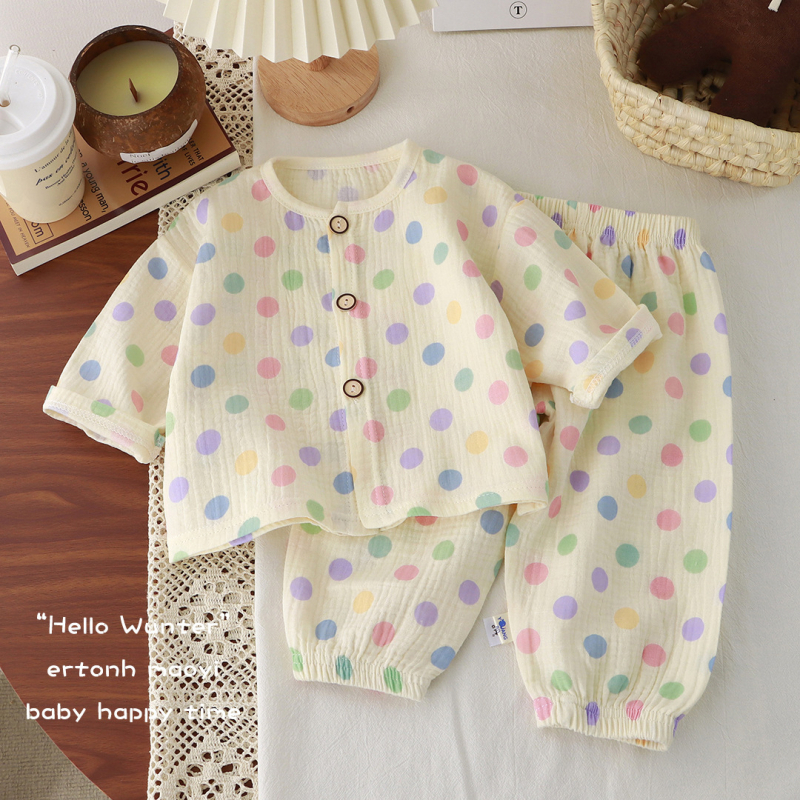 Gyerekeknek vékony, dupla réteg pamut géz pizsama, uniszex, hosszú ujjú felső és lantern-stílusú nadrág, nedvességelvezető, 3–8 éveseknek