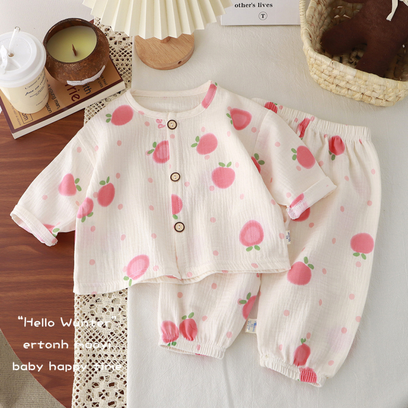 Gyerekeknek vékony, dupla réteg pamut géz pizsama, uniszex, hosszú ujjú felső és lantern-stílusú nadrág, nedvességelvezető, 3–8 éveseknek