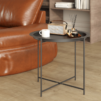 Apskritas metalo kavos staliukas su metalo rėmu, šiuolaikinis minimalistinis dizainas, sulankstomas, tinkamas svetainei ir miegamajam.