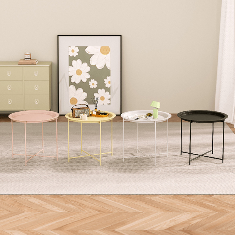 Apskritas metalo kavos staliukas su metalo rėmu, šiuolaikinis minimalistinis dizainas, sulankstomas, tinkamas svetainei ir miegamajam.