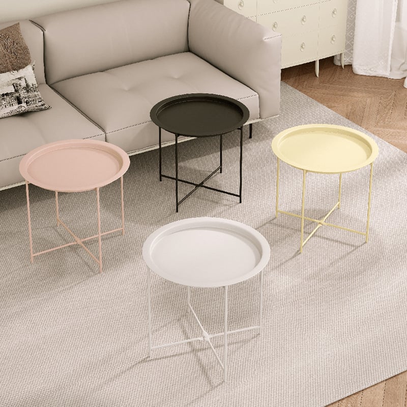 Apskritas metalo kavos staliukas su metalo rėmu, šiuolaikinis minimalistinis dizainas, sulankstomas, tinkamas svetainei ir miegamajam.