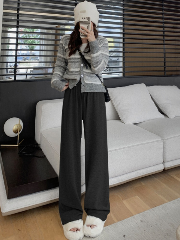 Pantaloni largi cu talie înaltă, căptuți cu fleece, croială lejeră, material gros, lungi