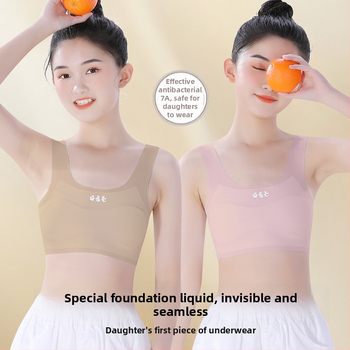 Meitenēm paredzēts apakšveļas komplekts attīstības periodam: bez piedurknēm krekliņš un treniņu krūšturis, neilona/elastāna maisījums 60%/40%, drošības līmenis A, bērniem no 8 gadiem, vasara 2025