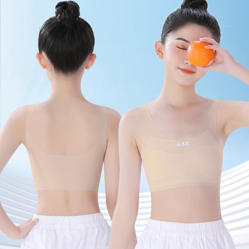 Meitenēm paredzēts apakšveļas komplekts attīstības periodam: bez piedurknēm krekliņš un treniņu krūšturis, neilona/elastāna maisījums 60%/40%, drošības līmenis A, bērniem no 8 gadiem, vasara 2025