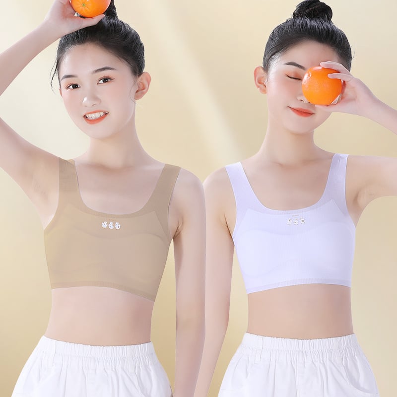 Meitenēm paredzēts apakšveļas komplekts attīstības periodam: bez piedurknēm krekliņš un treniņu krūšturis, neilona/elastāna maisījums 60%/40%, drošības līmenis A, bērniem no 8 gadiem, vasara 2025