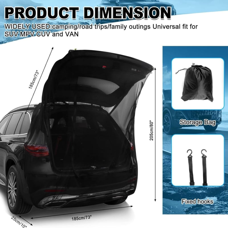 Automobilio galinio dangčio tinklas nuo uodų, skaidrus netkintas audinys, kabinimo įranga, suderinamas su visais modeliais